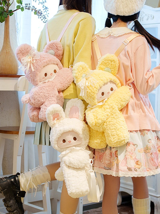 ピンクラビットの蝶結びレースディテールのぬいぐるみバックパック ミドル/ラージサイズ