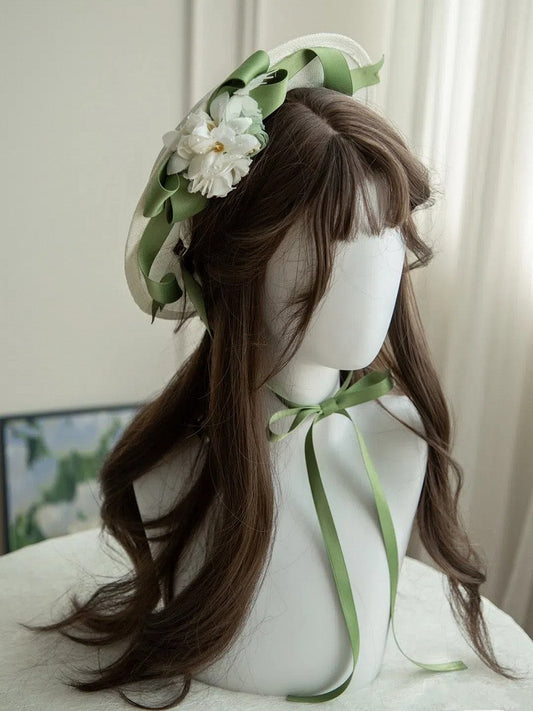 Flower Green Ribbon Creamy White and Decorated Hat