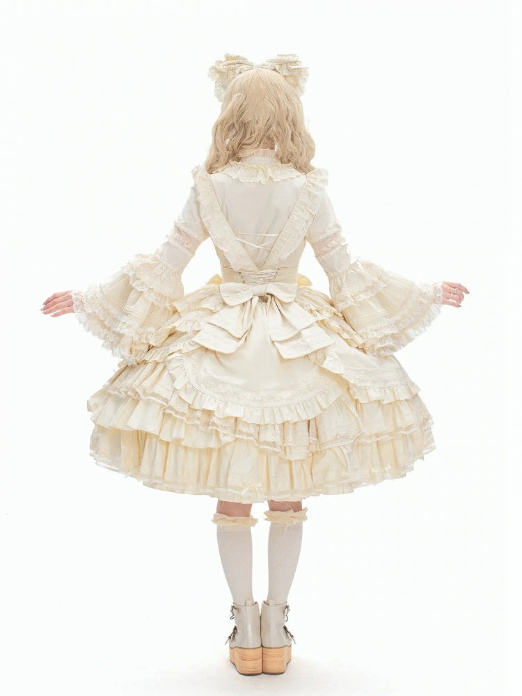 Accents Dress Beige Layered Hem Under Ruffle Sweet Lolita with Bust Bow