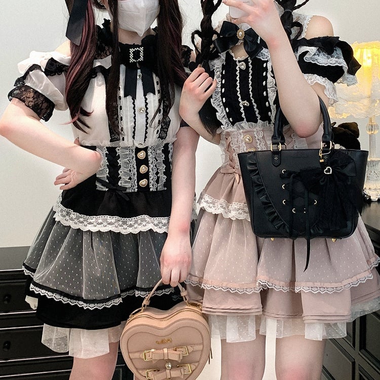 ウエスト スイートハートボタントリム ハイレース ブラック/ピンク/ブルー