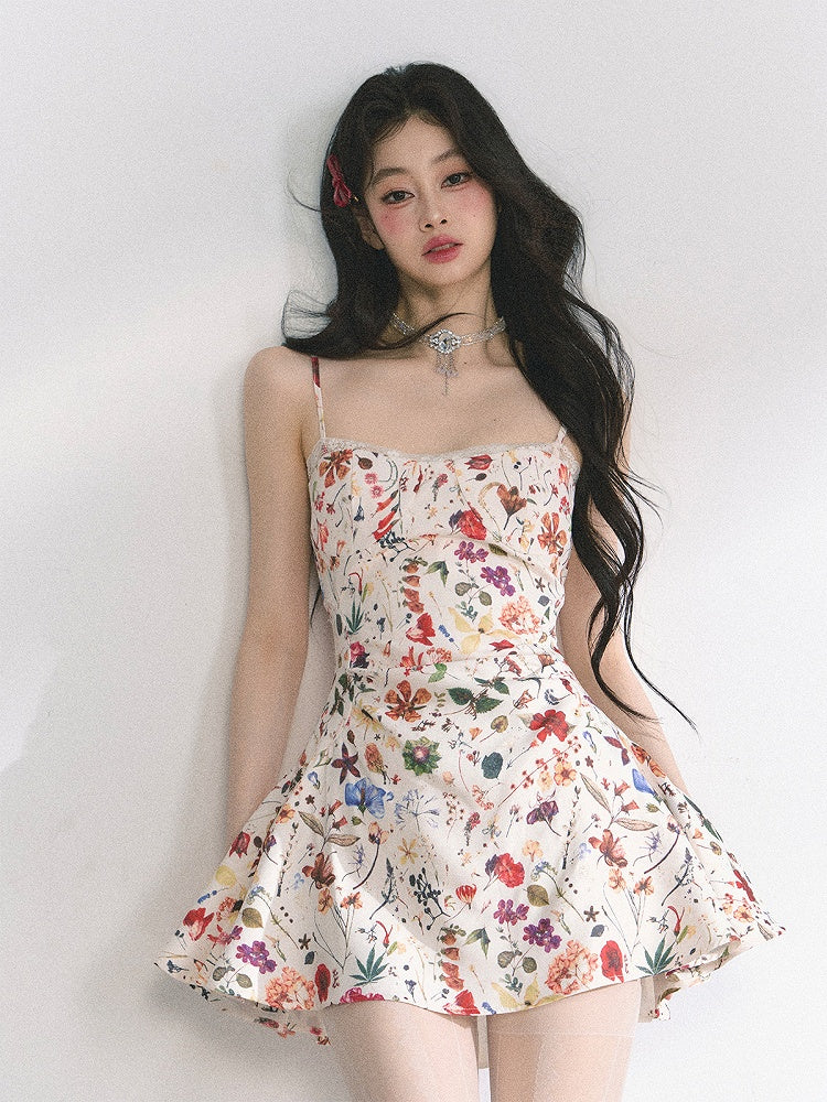 Beige Floral Print Holiday Cami Dress Long/Short Version