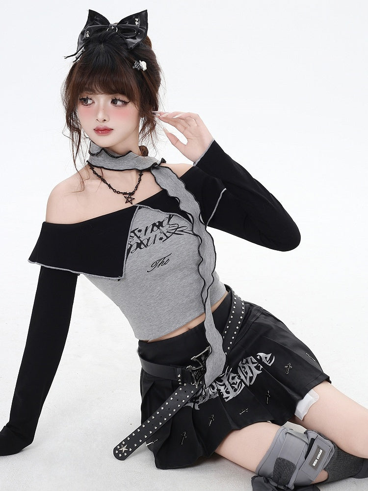 Graues, schulterfreies Crop-Top mit Buchstaben und kostenlosem Schal