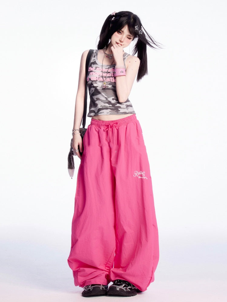 Rose Red Drawstring Waist and Cuffs Wide-leg Casual Pants