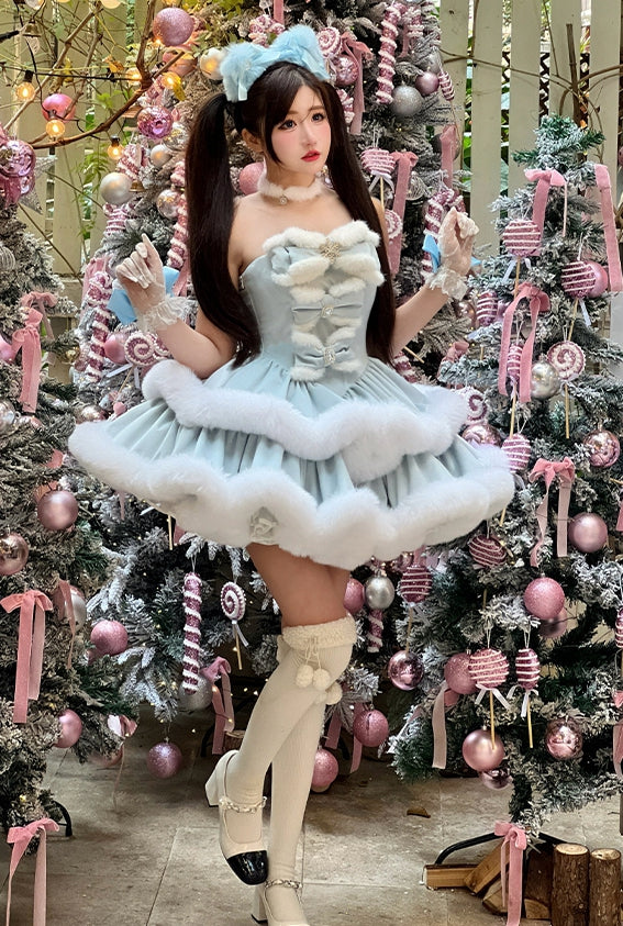 Blaues trägerloses Winterkleid mit Schneeflockenschleifen und Plüschbesatz