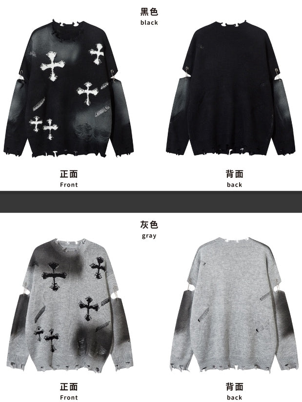 Y2K Black/Grey Cross Shaped Distressed Holes Round Neck Sweater