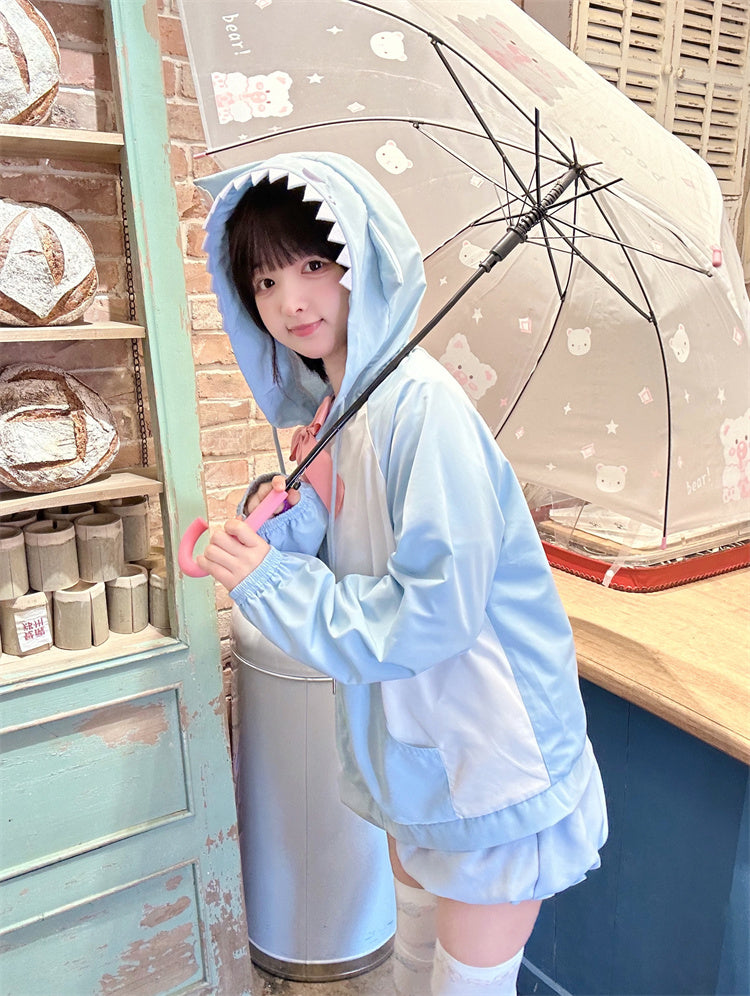 Jacket Shark Design Hood Blue and White Colorblock Design Windbreaker