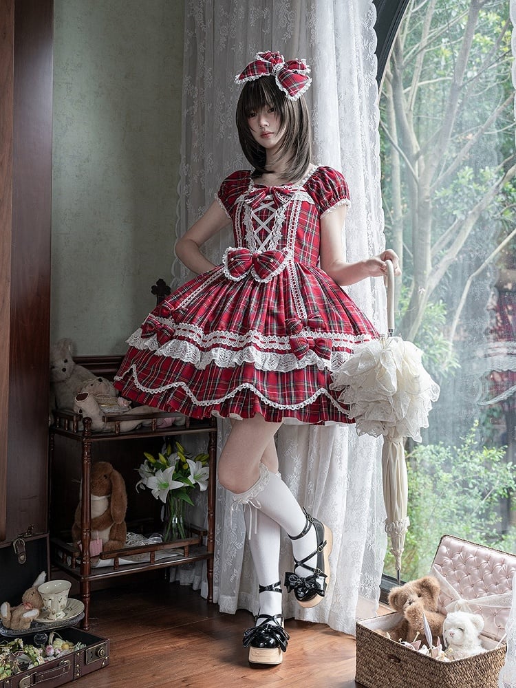 mit Lolita-Scalloped und Puff Trim Schleife Akzente süße Plaid Rand Ärmel rot