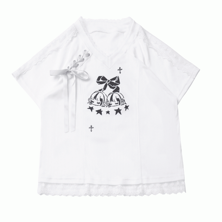 Free Choker T-Shirt White V-Neck Lace-up Detail Blokecore Graphic with