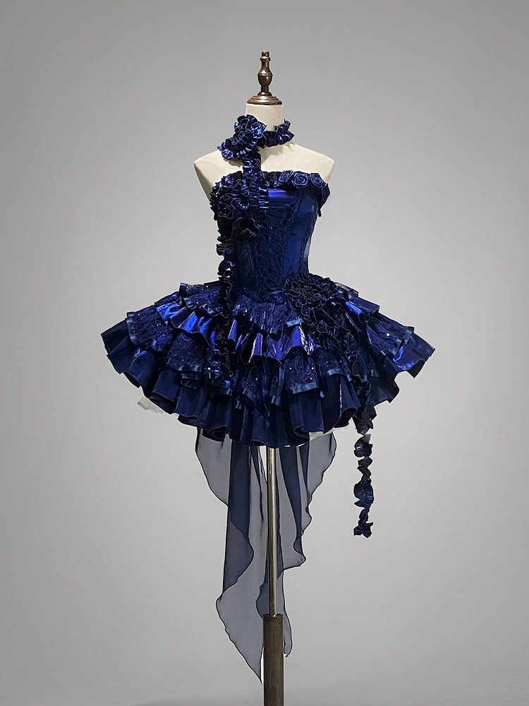 Neckline Roses Blue Klein Sequins Boning Puffy Goth Tiered Dress Lolita
