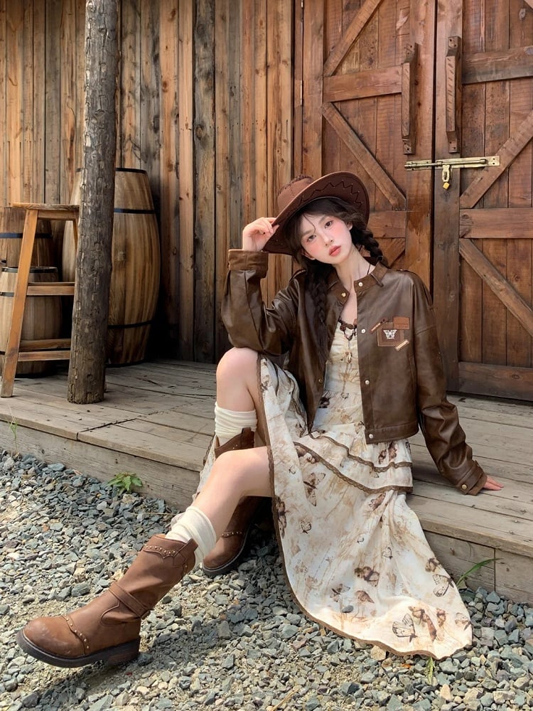 Brown Badge Autumn for Appliques Vintage PU Jacket