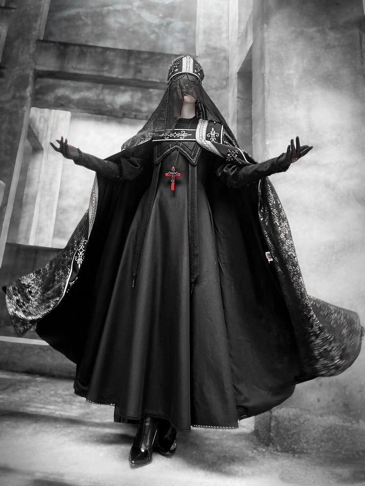 Stickerei Nonne Halloween Ärmeln Leg-of-Mutton Kleid Schwarz Outfits Lolita Kreuz