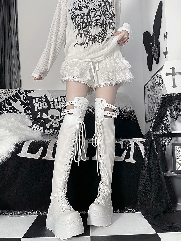 Y2K Mattweiße Punk-Stiefel mit Sternriemendetails und oberschenkelhoher Plateausohle