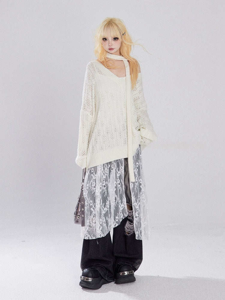 Apricot/Black V-neck Hollow-out Knitted Sweater