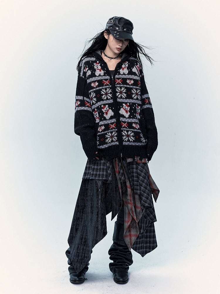 Schwarzbrauner Mohair-Kapuzenpullover