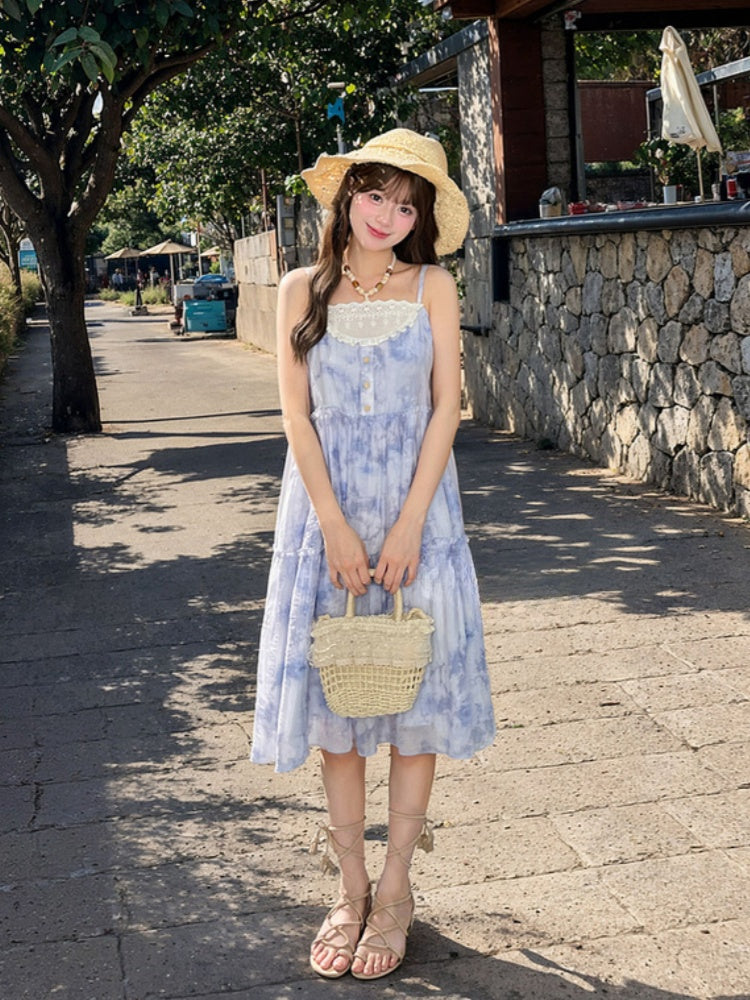 Halter Neck Tie Patches Blue Chiffon Dress Slip Beaded Loose Dye Lace Chain