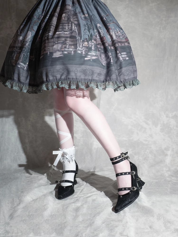 Gothic Black Pointed Toe Lace 8.5cm High Heels Multiple Buckle Straps