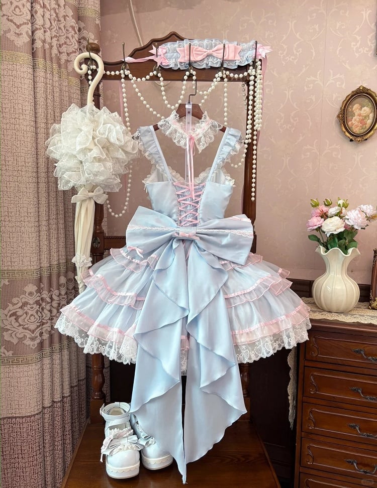 Skirt and Pink Blue Jumper Skirt Hime Lolita Dress Flutter Sleeves Tiered