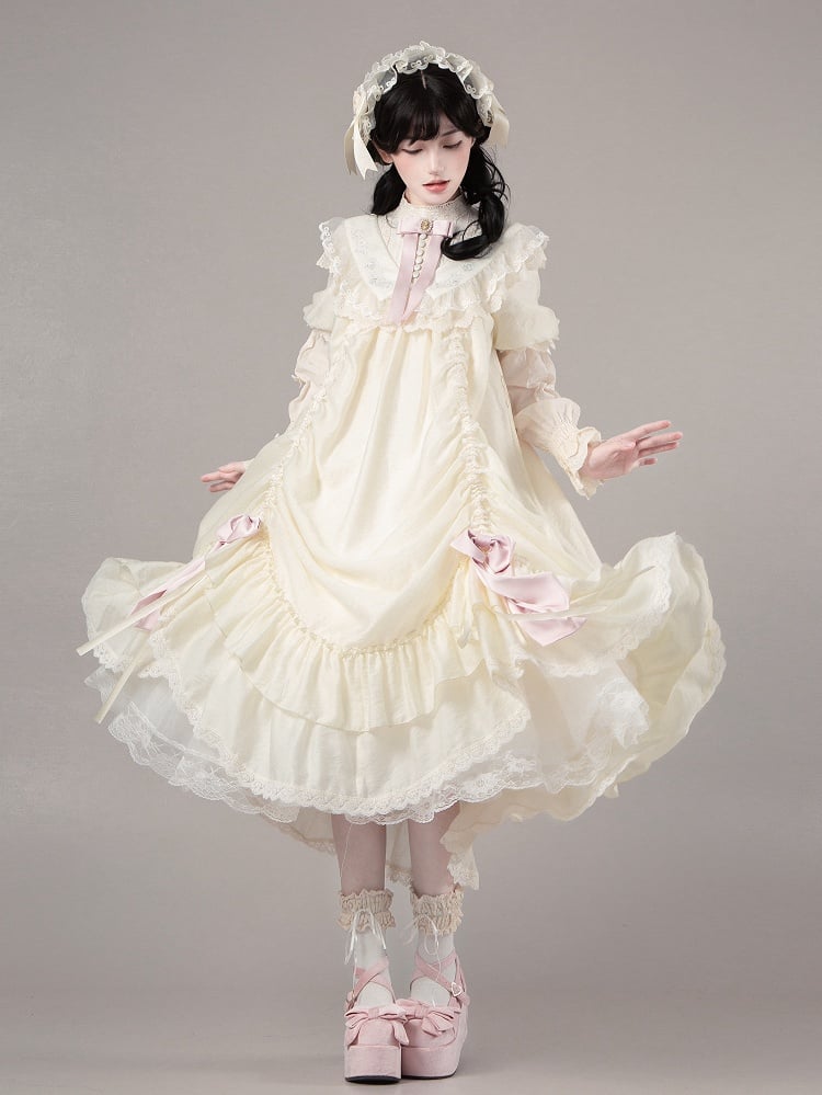and Design Waist Pink Drawstring Fashion Belt Dress with Beige Lolita Versatile Bows