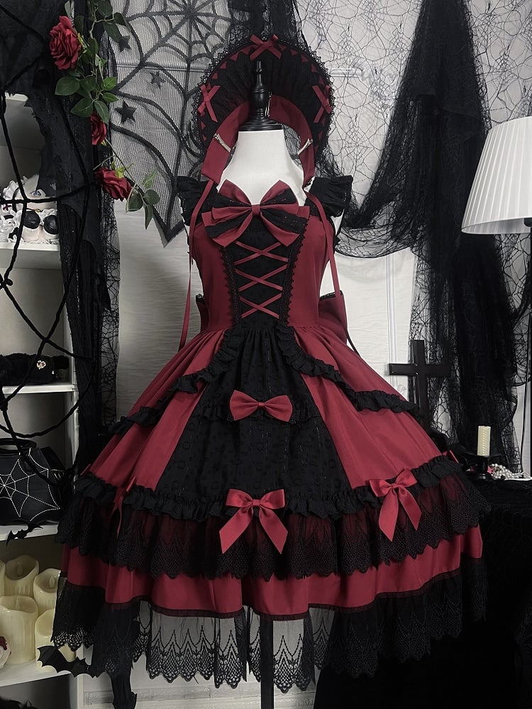 赤と黒のオールドスクールロリータファッションドレス蝶結びJSKセット