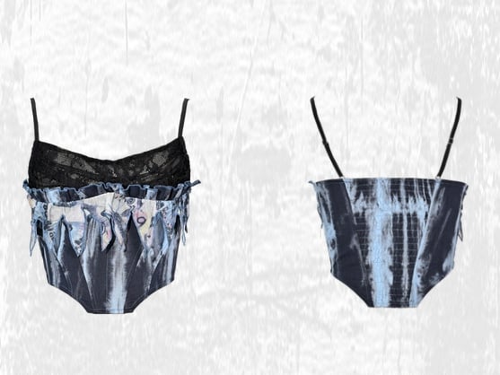 Grunge Punk Rock Fee Blau Spitze Wasserfallausschnitt Korsett mit Knochen Tie Dye Cami Top
