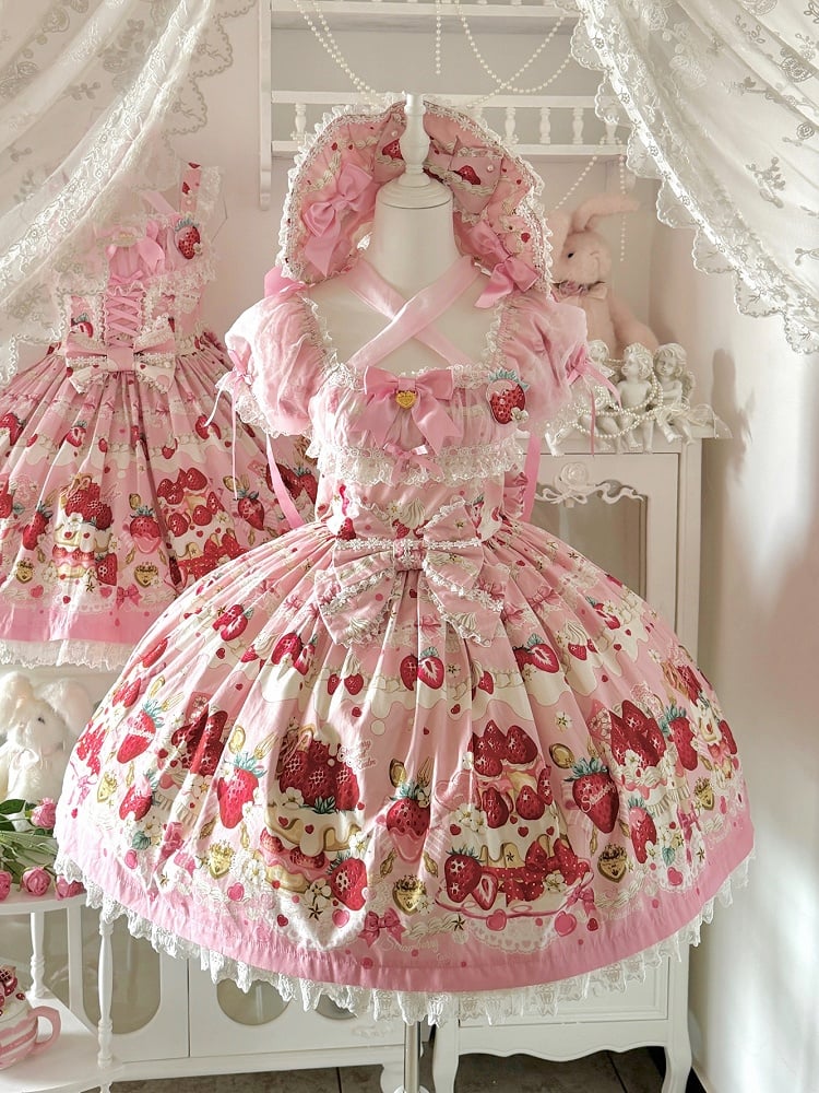 Pink Print Dress Lolita Cake Short Sleeves Sweet Strawberry
