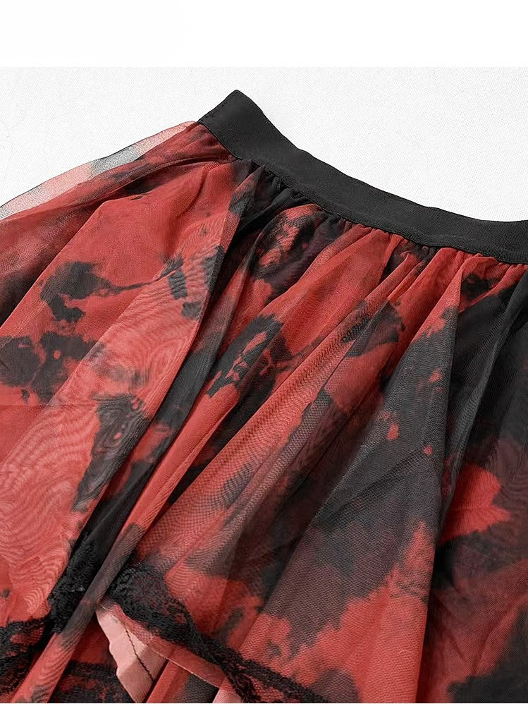 Glamorous Tiered Cross Top Plaid Details Bittersweet + Red Skirt Dye Black Tie Set- Dress Cami