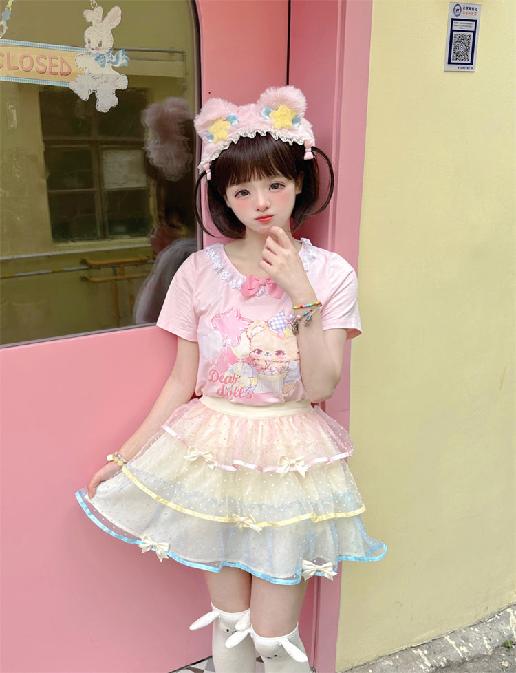 Ruffled Adorable Teddy Bear Print Bowknot Pink/Yellow Neckline Embellished T-Shirt