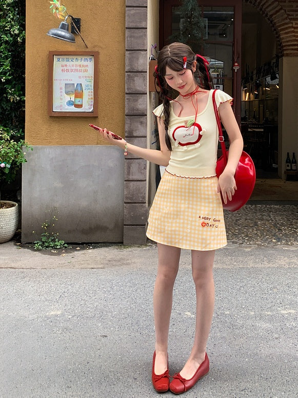 White High Waist Letter Print Yellow and Plaid Skirt Sweet
