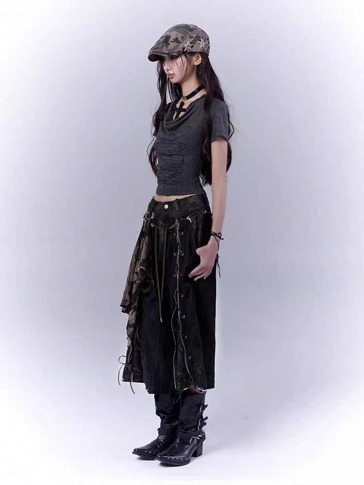 Distressed Rock Straight-leg Jeans Punk Camouflage Lace-up Front