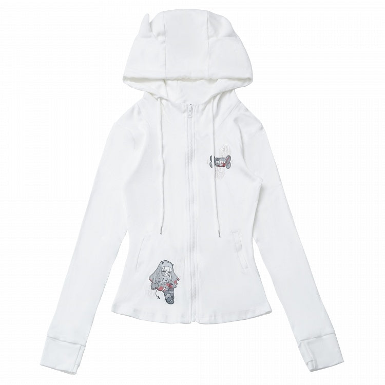 Long Sleeves Top Zip Closure Black/White Devil Horn Design Hood
