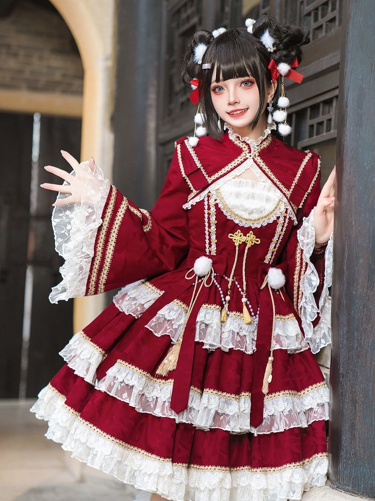 Red New Year Lolita Bows and Bead Chain Waist Tiered Hem Jumper Skirt