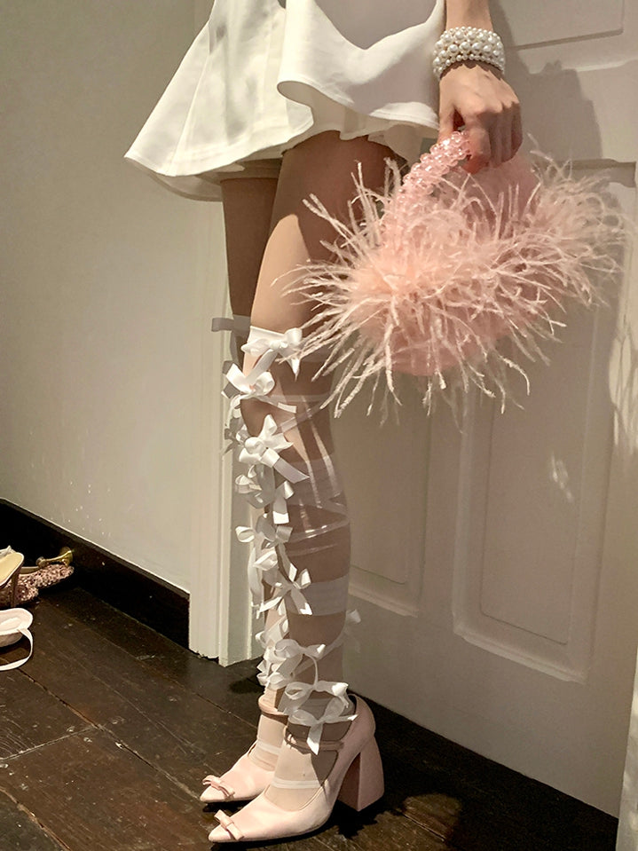 Crisscorss Details Over-knee Bowknot Stockings Banded White/Black