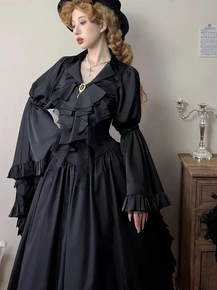 Black / Dark Blue Long Bell Sleeves Aristocrat Gothic Shirt