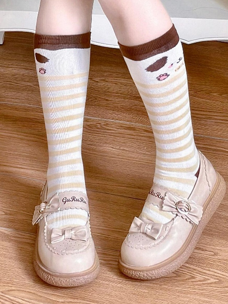 Lolita Coffee Print Pattern Striped Puppy Socks Calf