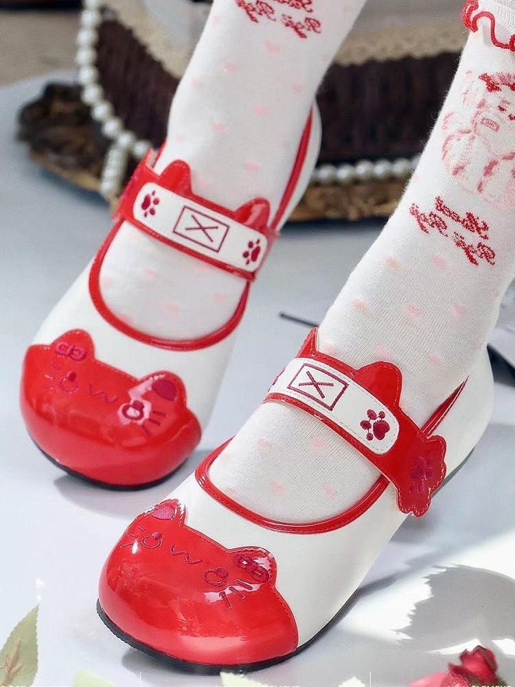 Lolita Design Ear Cat Toe Sweet with Velcro Stitching Red Flats Round Paw