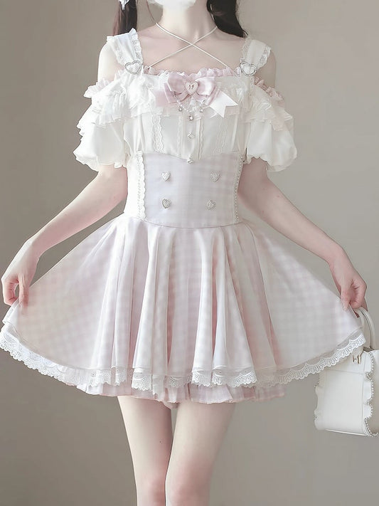 Top mit schulterfreiem Jirai Kei-Aprikosenausschnitt und rosa Spitzenbesatz