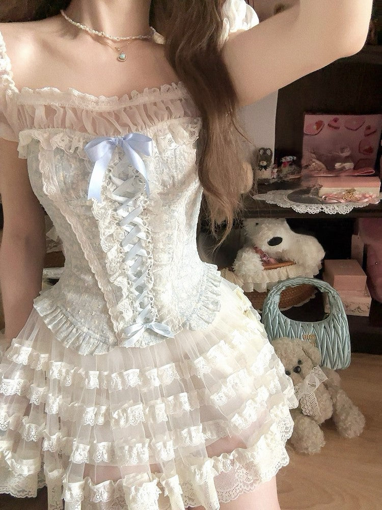 Ruffled Sleeves Blue Corset Hem Peplum Puff Top Faux Two-Piece With