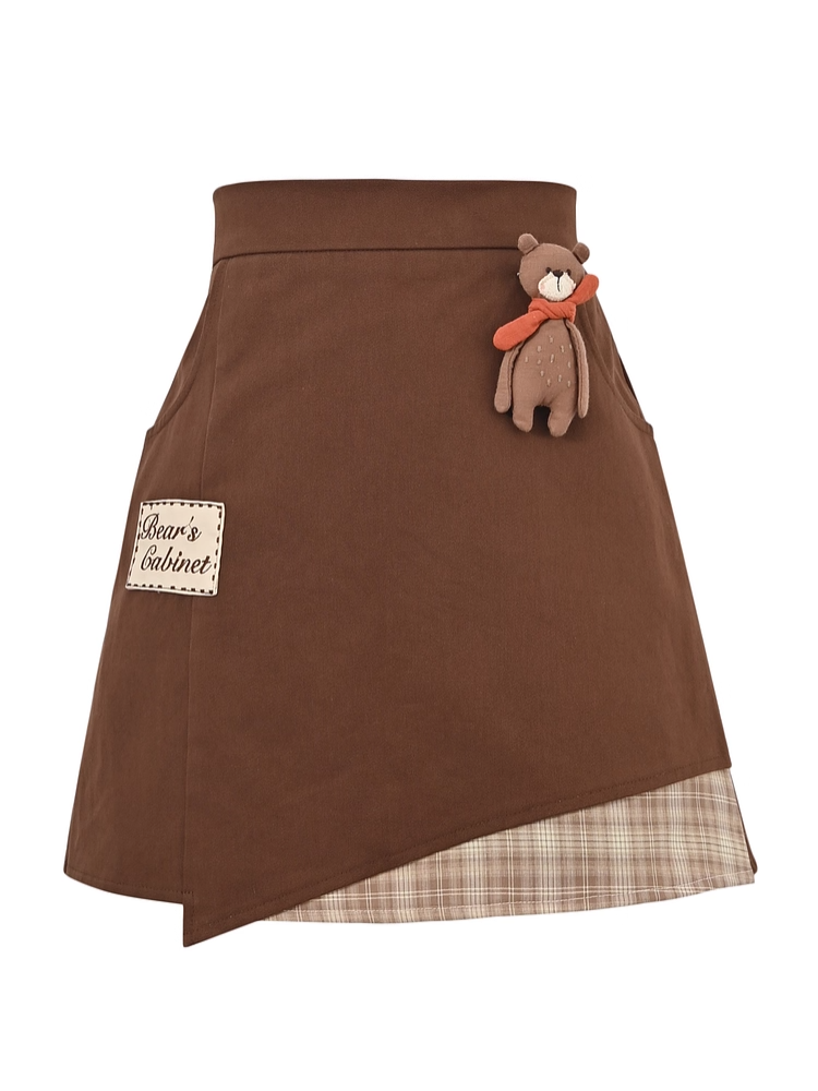 Bear Brown Plushie Hem with Skirt Letter Embroidery Applique Plaid