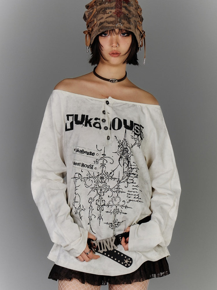 Apricot Off-the-shoulder Graphic Neckline Cotton Top Distressed
