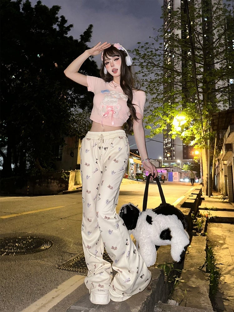 Beige Regular/Thicken Slim-Fit Flared Pants with Realistic Cat Prints and Elastic Waistband