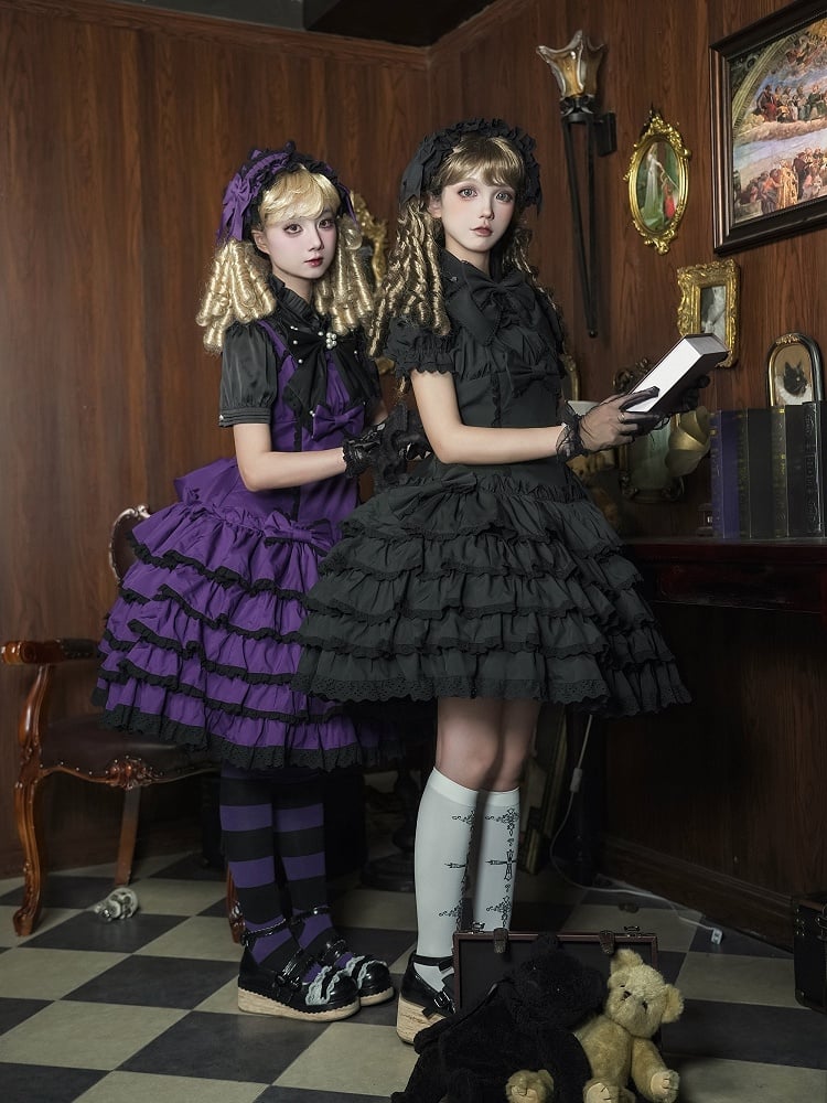 Gothic Tiered Bow Black Accents Lolita with Ruffles Dress