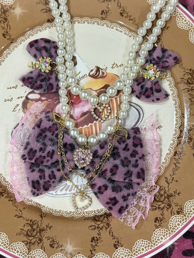 Rhinestone Color Pendant Options Heart 4 Beaded Pattern And Bowknot Leopard Necklace
