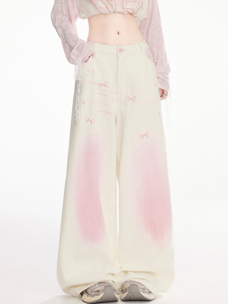 and Pink Ombre Low Apricot Bowknots Print Wide-Leg Pants Waist
