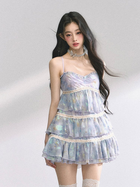 Slip Dress Tiered Neckline Skirt Blue Sweetheart Oil Painting Floral Mini