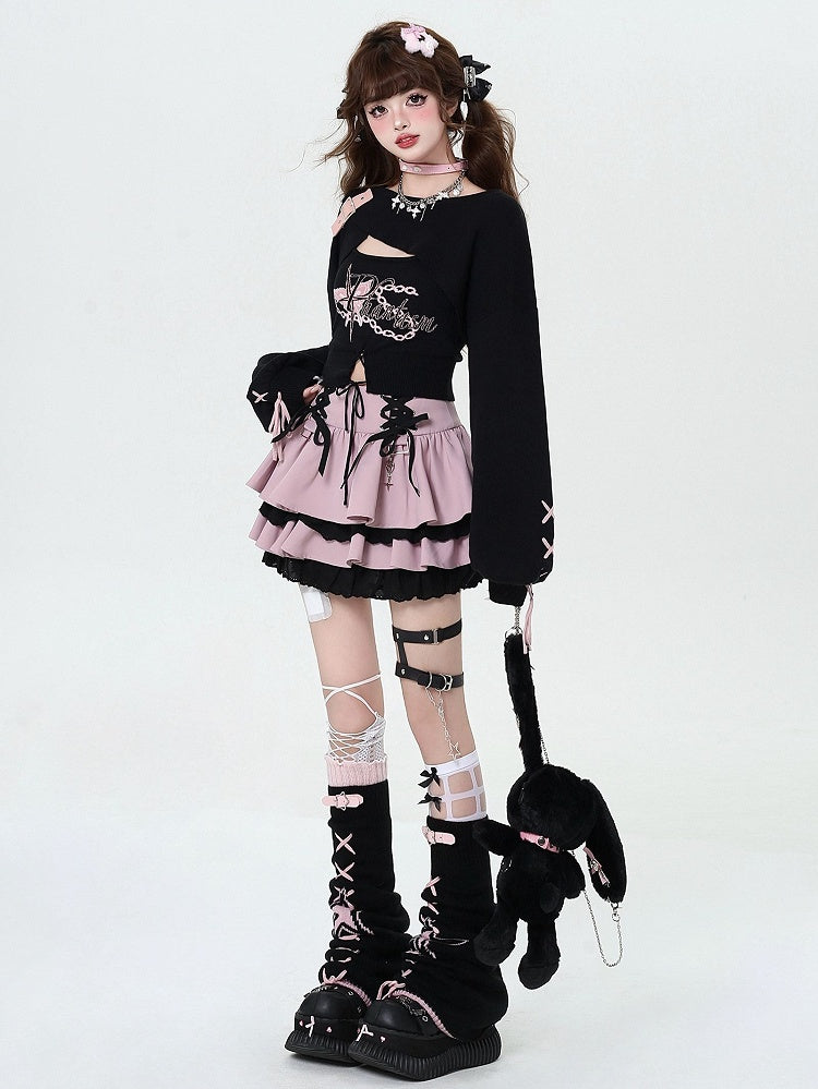Waist at Pink Tiered Lace-up Details Y2K Skirt