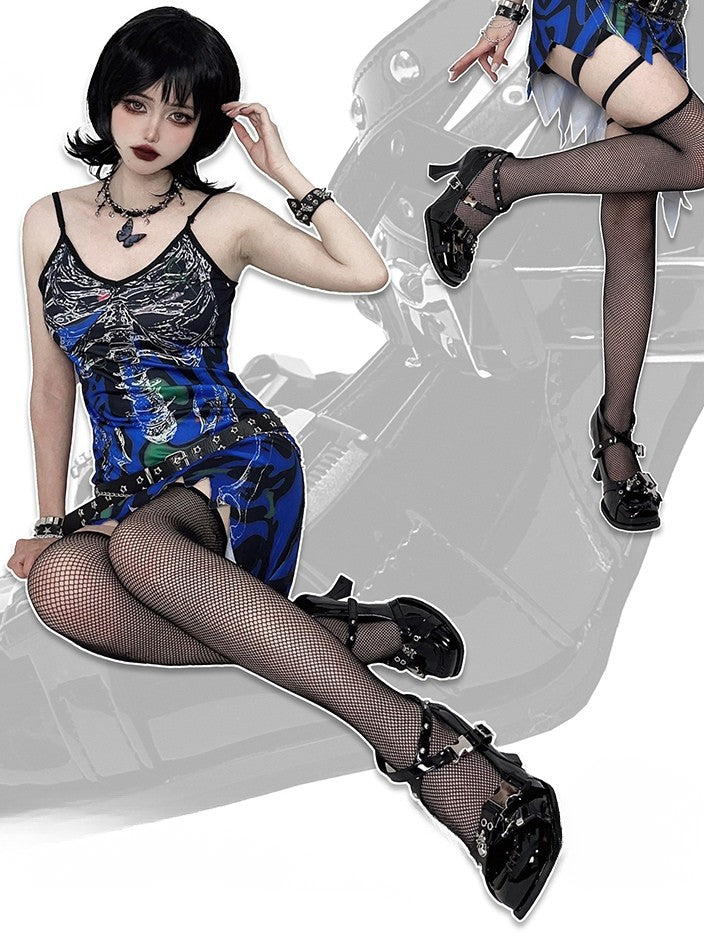PU Punk Crisscross Details Janes Black Studded High-heel Straps Square Toe with Mary -