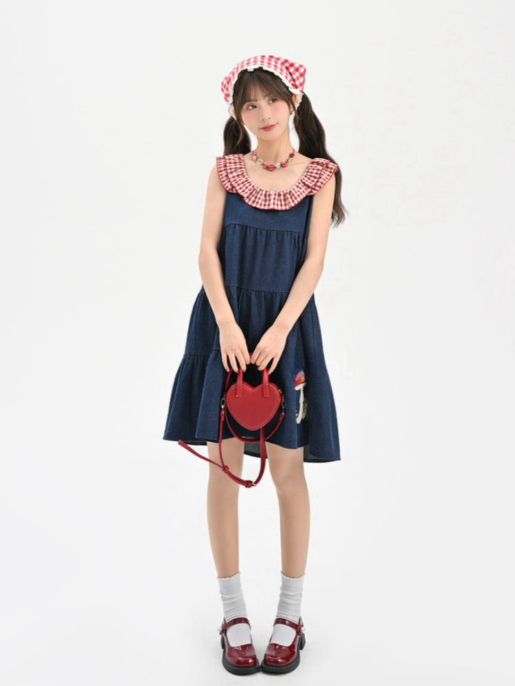 Bunny and Mushroom Embroidery Red Navy Blue Sleeveless Dress Neckline Plaid