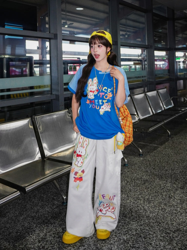 White Low Cartoon Bunny Print Waist Wide-leg Jeans