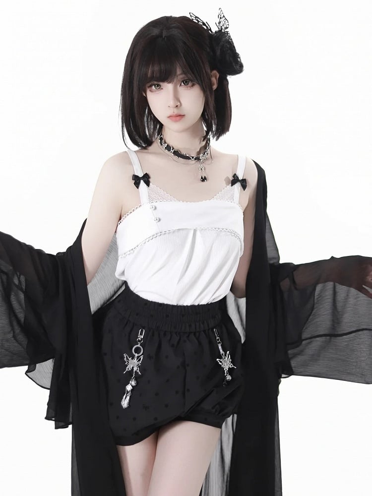 Polka-Dot Bubble Shorts with Butterfly Charms Black Cheongsam Style