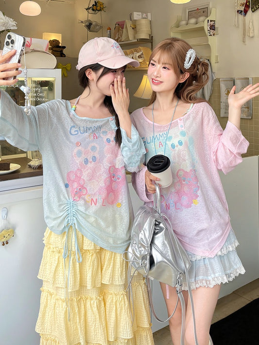 Blue/Pink Cute Semi-sheer Hem Cartoon Print Drawstring Top
